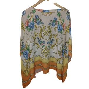 Belle by Kim Gravel Floral Baroque Poncho Top Large Blue Pink Orange Gold Scroll